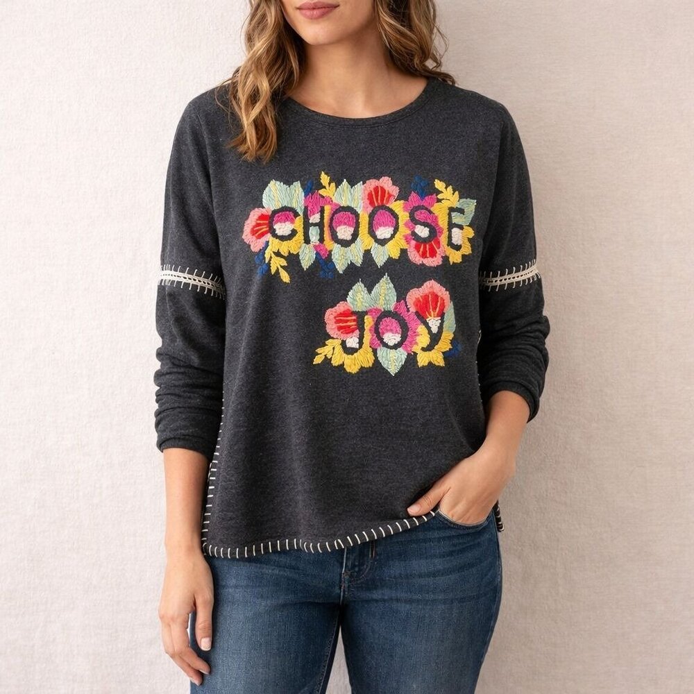 Bleu Bayou Crewel Embroidered Sweatshirt Size S Folk Art Floral Choose Joy